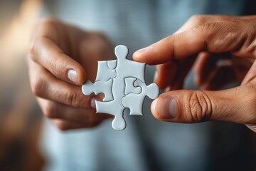 Close-up image of hands holding a jigsaw puzzle piece, symbolizing solution and completion