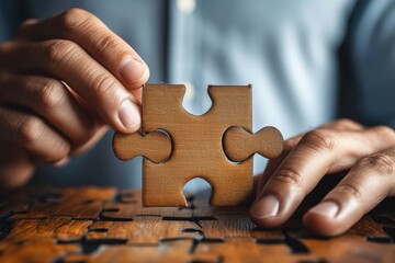 Human hands connect a final brown cardboard puzzle piece, focus on task completion
