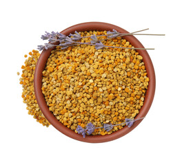 Fresh bee pollen granules in bowl and lavender isolated on white, top view