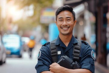 A cheerful policeman in uniform with arms crossed on a city street, which conveys a sense of safety and community - obrazy, fototapety, plakaty