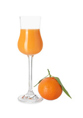 Glass with tasty tangerine liqueur and fresh fruit isolated on white