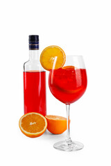 Bottle and glass of tasty Aperol spritz cocktail isolated on white