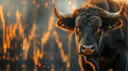 Bull with background of uptrend stock market. Concept of bullish market.