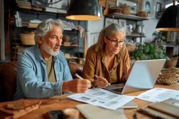 A mature couple consults a laptop screen while going through paperwork, indicating financial planning