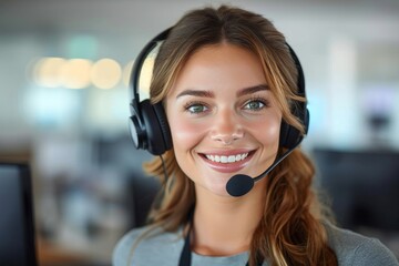 A customer service representative with a headset offers a friendly assistance in a corporate setting