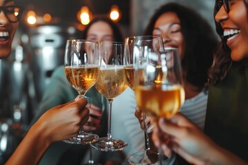 Exuberant women clinking champagne glasses with visible smiles and dynamic hand movements in a celebratory and lively atmosphere