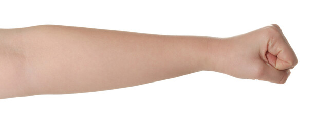 Playing rock, paper and scissors. Woman showing fist on white background, closeup