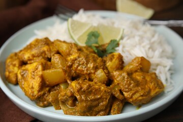 Delicious chicken curry with rice on table, closeup