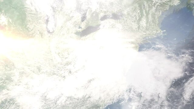 Earth zoom in from space and focus on Fairmont, West Virginia, USA. 3D Animation. Satellite view. Background for travel intro. Images from NASA.