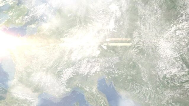 Earth zoom in from space and focus on Erding, Germany. 3D Animation. Satellite view. Background for travel intro. Images from NASA.