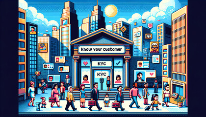 Retro pixel art cityscape with diverse characters and KYC bank sign.