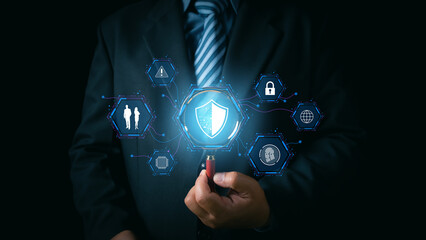Cybersecurity and privacy concepts to protect data. Lock icon and internet network security technology. Businessman protecting personal data on smartphone, virtual screen interfaces. cyber security.