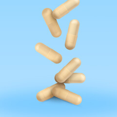 Vitamin. Capsules falling on light blue gradient background