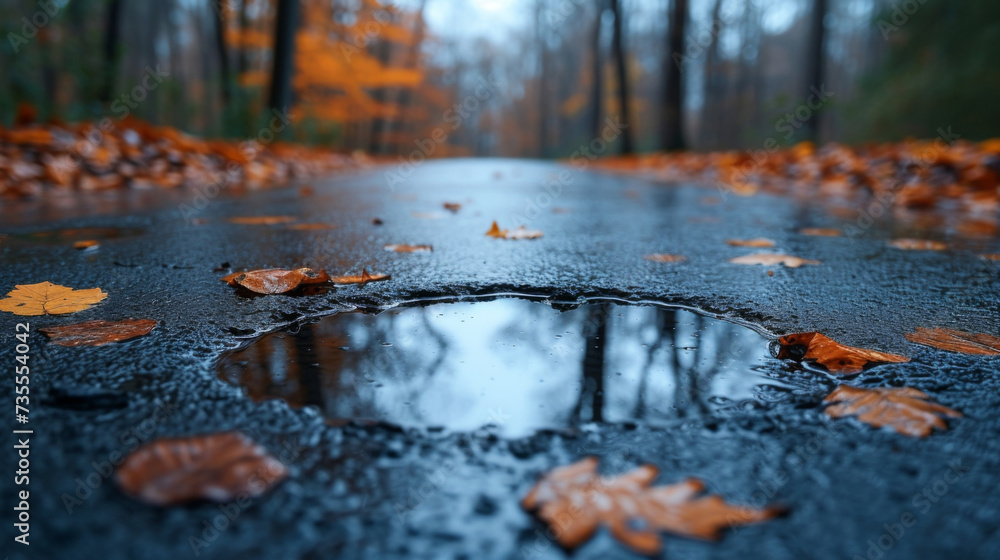 Poster texture of a puddle forming on a smooth reflective surface distorting the surrounding images.