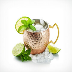 Moscow Mule in a copper mug with lime wedge and mint, ice-filled, white background.