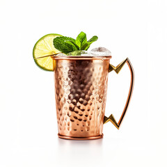 Moscow Mule in a copper mug with lime wedge and mint, ice-filled, white background.