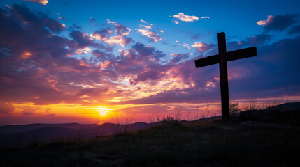 Fototapeta na wymiar Jesus cross on Calvary Hill Dramatic Sunset at Golgotha