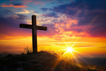 Jesus cross on Calvary Hill Dramatic Sunset at Golgotha