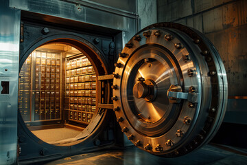 Open Bank Vault Door Revealing Safety Deposit Boxes in Depositary - obrazy, fototapety, plakaty