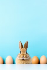 Fototapeta premium Cute little rabbit and Easter eggs on pastel blue background. Easter holiday concept. Funny pet for design greeting card, banner, flyer, invitation with copy space
