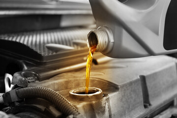 Pouring motor oil into car engine, closeup. Color accent effect