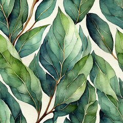 watercolor seamless pattern eucalyptus green leaves and branch isolated on white background