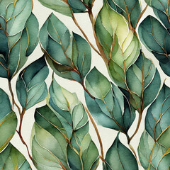watercolor seamless pattern eucalyptus green leaves and branch isolated on white background