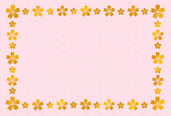 金色の桜の和風フレーム　背景素材　和柄　青海波　波模様　波柄　伝統文様　飾り枠　囲み　キラキラ　高級感　入学　卒業　入園　卒園　新生活　ひな祭り　年賀