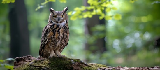 Fototapeta premium A bird of prey, the screech owl, perches on a tree branch in the woodland. Its sharp beak and feathers blend seamlessly with the terrestrial plants around.