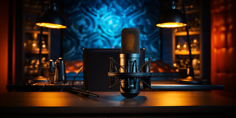 Fototapeta na wymiar Professional microphone and headphones on stage in recording studio. Music concept, recording studio in the background with a microphone,