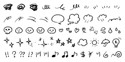 手描きの感情のあしらいの漫符イラスト アイコンセット