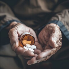 pills in the patient's hand, close-up, pharmaceuticals, taking medications. Treatment plan