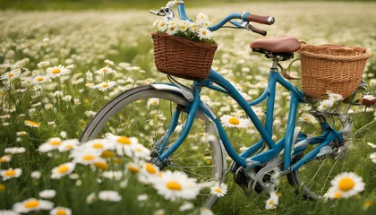 Deurstickers bike with basket with flowers against daisy field background © Iqra