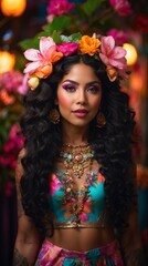 Naklejka premium beautiful brown woman in colorful dress and jewelry and flowers as crown on her head generative AI 