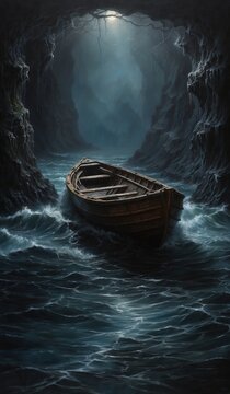 boat on water, mysterious boat in a cave floating on the ocean dark image generative AI