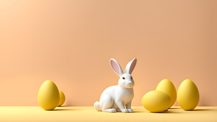 Fototapeta na wymiar Captivating 3D Rabbit Adorned with a Palette of Easter Eggs on a Soft Yellow Backdrop. Suitable for Banner, Social Media, Poster. Reflecting Easter Joy.