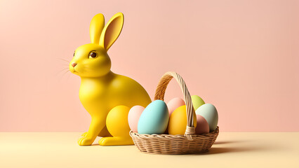 Fototapeta na wymiar Radiant 3D Rabbit Amidst a Spectrum of Easter Eggs on a Golden Yellow Base. Ideal for Banner, Social Media, Poster. Conveying Easter Happiness.