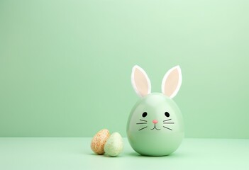 Easter egg with bunny ears on pastel green background. Minimalistic creative holiday concept. Cute design for greeting card, invitation, banner, flyer with copy space