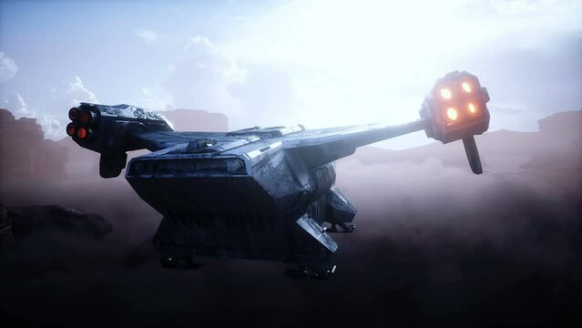Flying futuristic spaceship on alien planet, Mars. Realistic 4k animation.