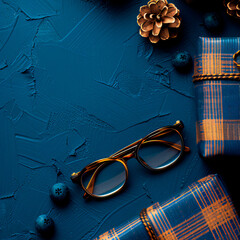 fathers day greeting card concept, eyeglasses, gift boxes on a dark blue background 