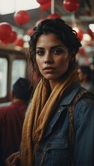 Obraz premium portrait of a woman in a coffee shop with baloons behind her an Indian woman with a scarf generative AI