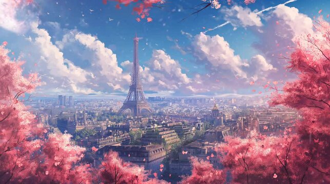 Spring fantasy in Paris with Eiffel tower view. seamless loop 4k time-lapse animation video background