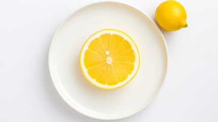 Lemon, on a white round plate, on a white background, top view