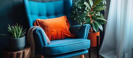 Tranquil home decor: Relaxing blue chair with cozy pillow and vibrant green plant