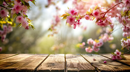 Rustic Wooden Table with Blossoming Sakura Branches, Springtime Mood, Warm Sunlight, Ideal for Seasonal Backgrounds or Product Placement