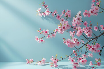 Vibrant Pink Sakura Branches on Blue, Dynamic Shadows, Contemporary Style, Ideal for Festive Occasions or Creative Projects