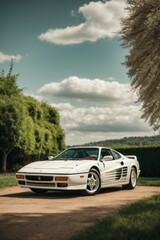 car on the beach a white aesthetic sports car with clouds and greenery behind generative AI