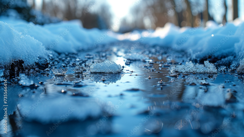 Poster closeup of a frozen puddle with a top layer of thin ice covered in delicate snowflakes capturing the