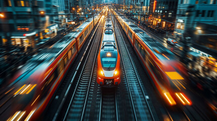 abstract blurred image of trains in the middle of the big city - 735566815