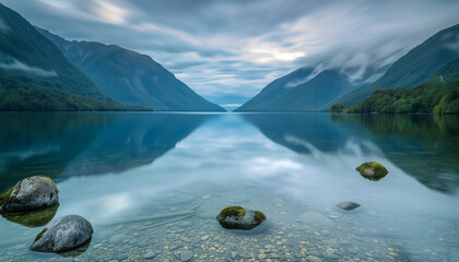 A tranquil lake mirrors the mountains and drifting clouds above, with moss-covered rocks and pebbles visible through the clear, still water